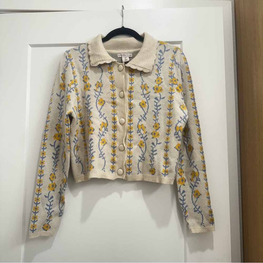 Sincerely Jules Cream Floral Knit Cardigan Cropped Womens Size Small - Picture 1 of 3